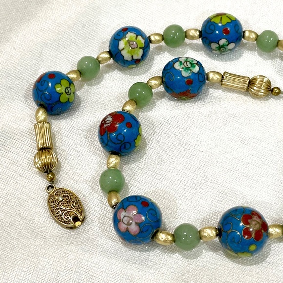 Vintage Chinese Blue Cloisonné Jadeite Sterling Silver Bead Necklace Enamel - Picture 5 of 11